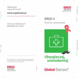 Grafika reklamowa firmy ubezpieczeniowej Ergo Hestia prezentująca różne profile klientów i warianty ubezpieczeń na życie, zdrowie i podróże, z ikonami symbolizującymi aktywności i style życia.