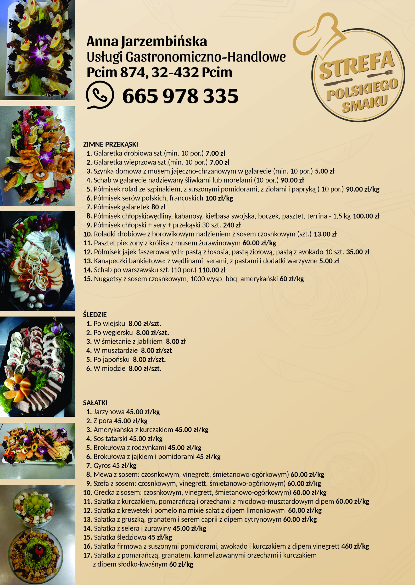 Menu z ofertą zimnych przekąsek, śledzi i sałatek, z cenami i opisami składników.