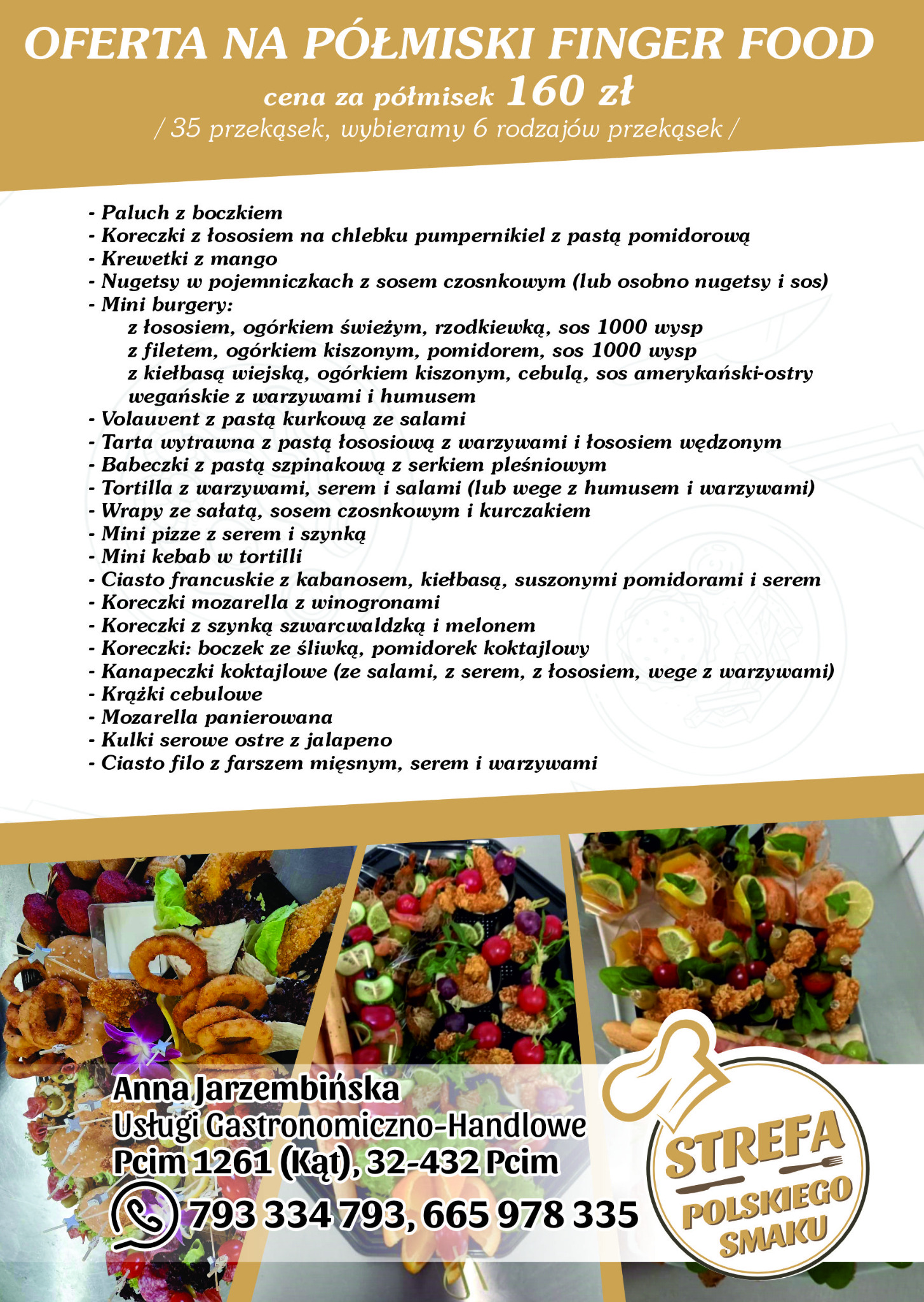 Półmisek różnorodnych przekąsek finger food, w tym mini burgery, koreczki, krążki cebulowe i krewetki, ułożonych na czarnych tackach, z widoczną dekoracją w postaci fioletowego kwiatu.