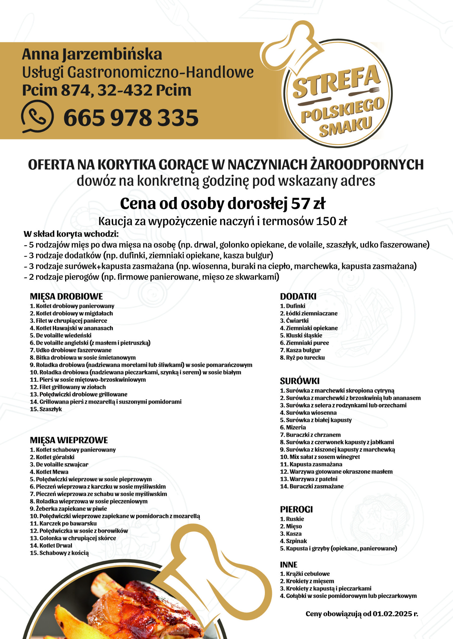 Plakat informacyjny z ofertą 'Korytek Gorących' z różnymi rodzajami mięs, dodatków, surówek i pierogów od firmy Anna Jarzembińska Usługi Gastronomiczno-Handlowe, z podanym adresem i numerem...