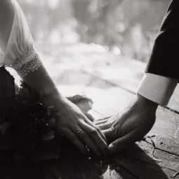 Czarno-białe zbliżenie dłoni pary młodej splecionych na drewnianej powierzchni, pierścionek zaręczynowy na palcu panny młodej, w tle rozmyte drzewa i woda.