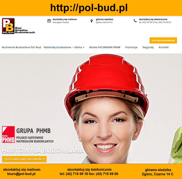 Strona internetowa hurtowni budowlanej Pol-Bud z uśmiechniętą kobietą w czerwonym kasku i roboczej rękawicy, prezentująca ofertę materiałów budowlanych.
