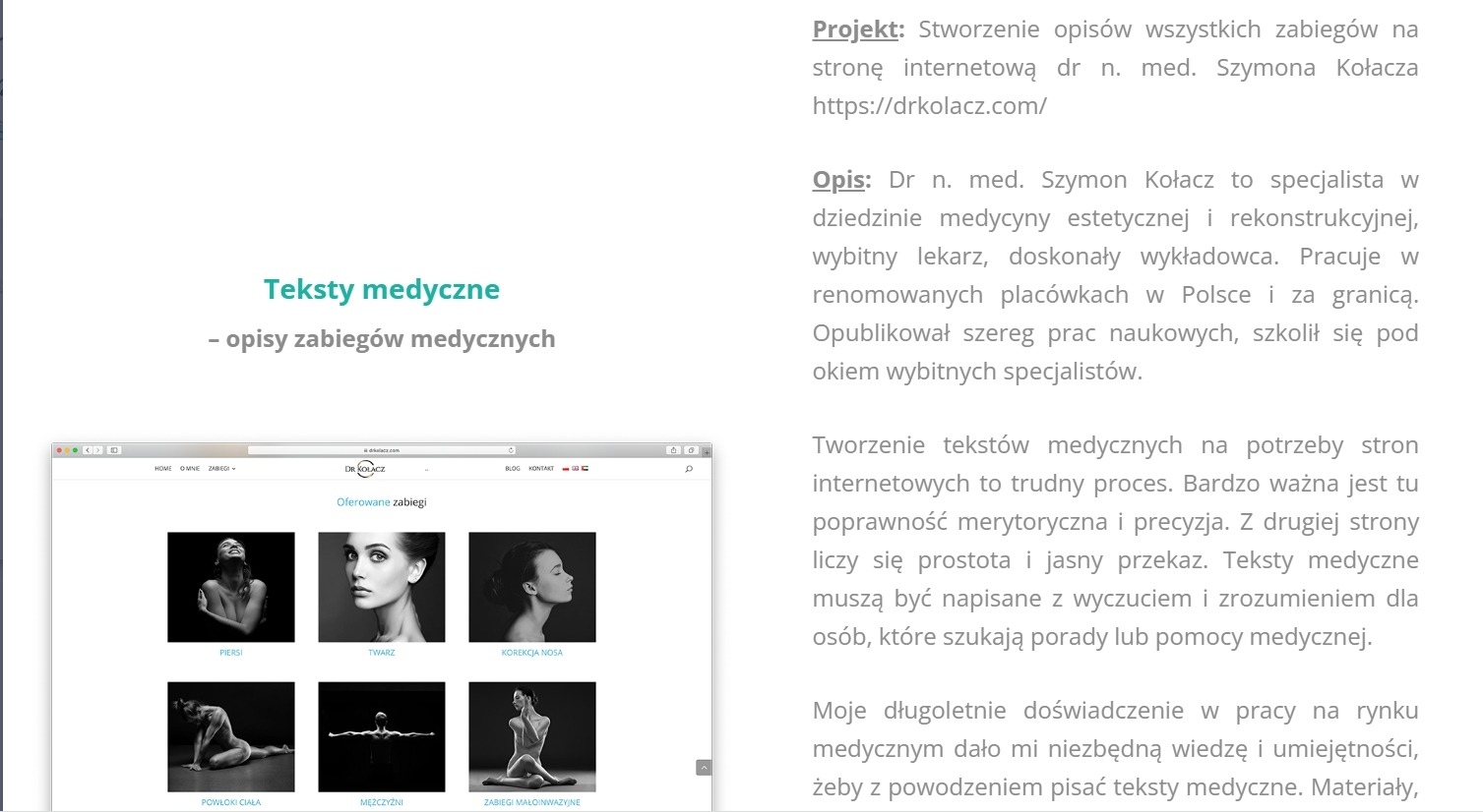 Strona internetowa z ofertą tekstów medycznych, prezentująca czarno-białe zdjęcia zabiegów estetycznych: piersi, twarz, korekcja nosa, powłoki ciała, zabiegi dla mężczyzn, zabiegi mało inwazyjne.