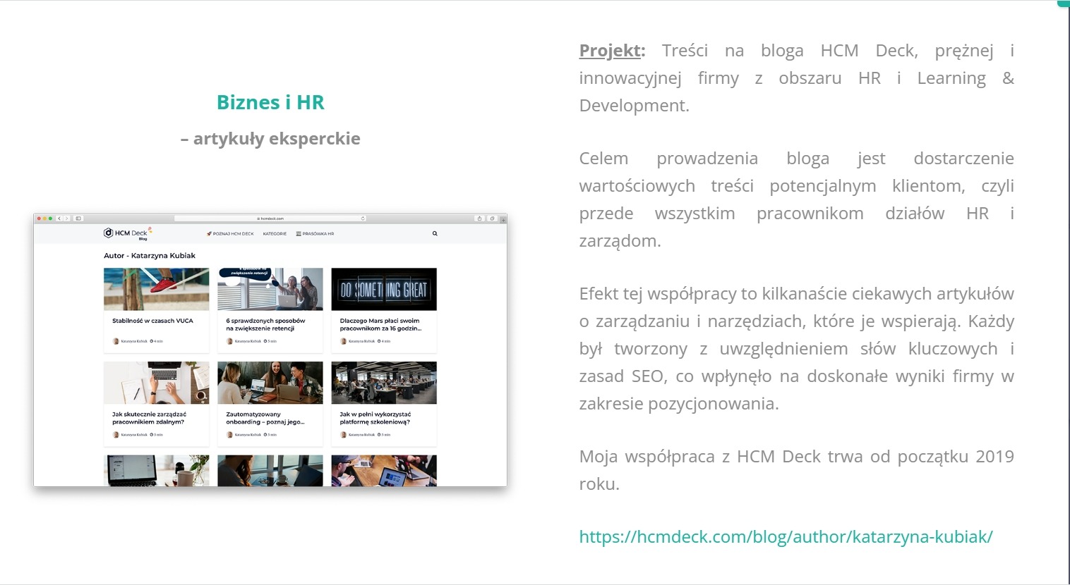 Zrzut ekranu strony internetowej bloga HCM Deck z artykułami eksperckimi z zakresu HR i biznesu, autorstwa Katarzyny Kubiak.