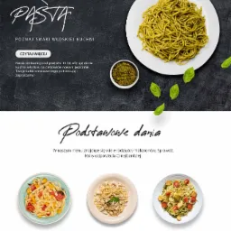 Projekt strony internetowej restauracji włoskiej z daniami z makaronu, widok z góry na spaghetti z pesto na białym talerzu, miseczka z pesto i zielone listki bazylii na ciemnym tle.