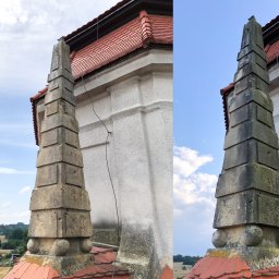Zdjęcie przed i po z laserowego czyszczenia obelisku z piaskowca