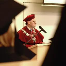 Uroczystość akademicka we Wrocławiu: mężczyzna w todze i birecie, z łańcuchem rektorskim, przemawia przy m&oacute;wnicy z mikrofonem.