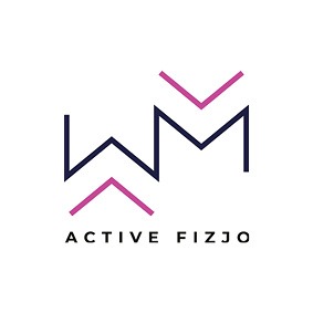 Logo 'Active Fizjo' z Dobrzykowic, przedstawiające stylizowane litery W i M w kolorach granatowym i fuksji, ułożone obok siebie.