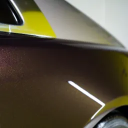 Fragment karoserii samochodu w kolorze brązowo-złotym z metalicznym połyskiem, w tle widoczna żółta folia i opona, wnętrze warsztatu.