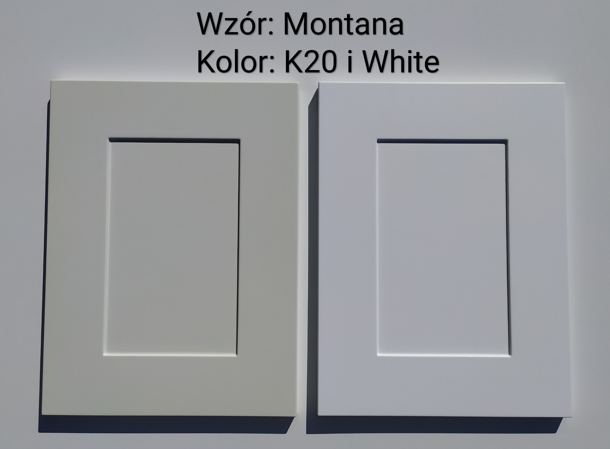 Dwa fronty meblowe w odcieniach szarości i bieli, model Montana, prezentacja kolorów K20 i White.
