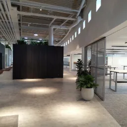 Nowoczesne wnętrze biurowe z betonową podłogą, widoczne instalacje pod sufitem, rośliny w donicach i biurka w tle.