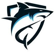 Logo firmy Shark Polska z Morąga, przedstawiające rekina z haczykiem wkomponowanego w tarczę ochronną. Kolorystyka: czarny i jasnoniebieski.