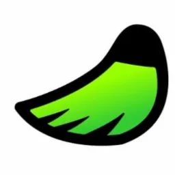 Stylizowane logo: czarny obrys w kształcie liścia z trzema wcięciami, wypełnione jaskrawą, gradientową zielenią.