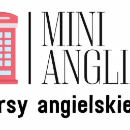 Grafika z logo szkoły językowej Mini Anglia, przedstawiająca stylizowaną czerwoną budkę telefoniczną i napis kursy angielskiego.