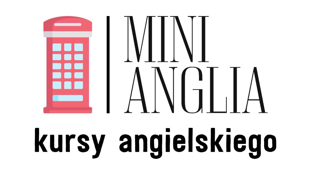 Grafika z logo szkoły językowej Mini Anglia, przedstawiająca stylizowaną czerwoną budkę telefoniczną i napis kursy angielskiego.