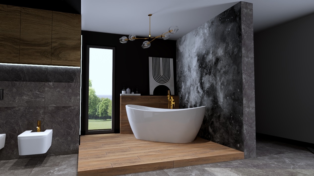 Nowoczesna łazienka z wolnostojącą białą wanną na drewnianym podeście, marmurowa ściana z efektem ombre, złota armatura i designerska lampa wisząca.