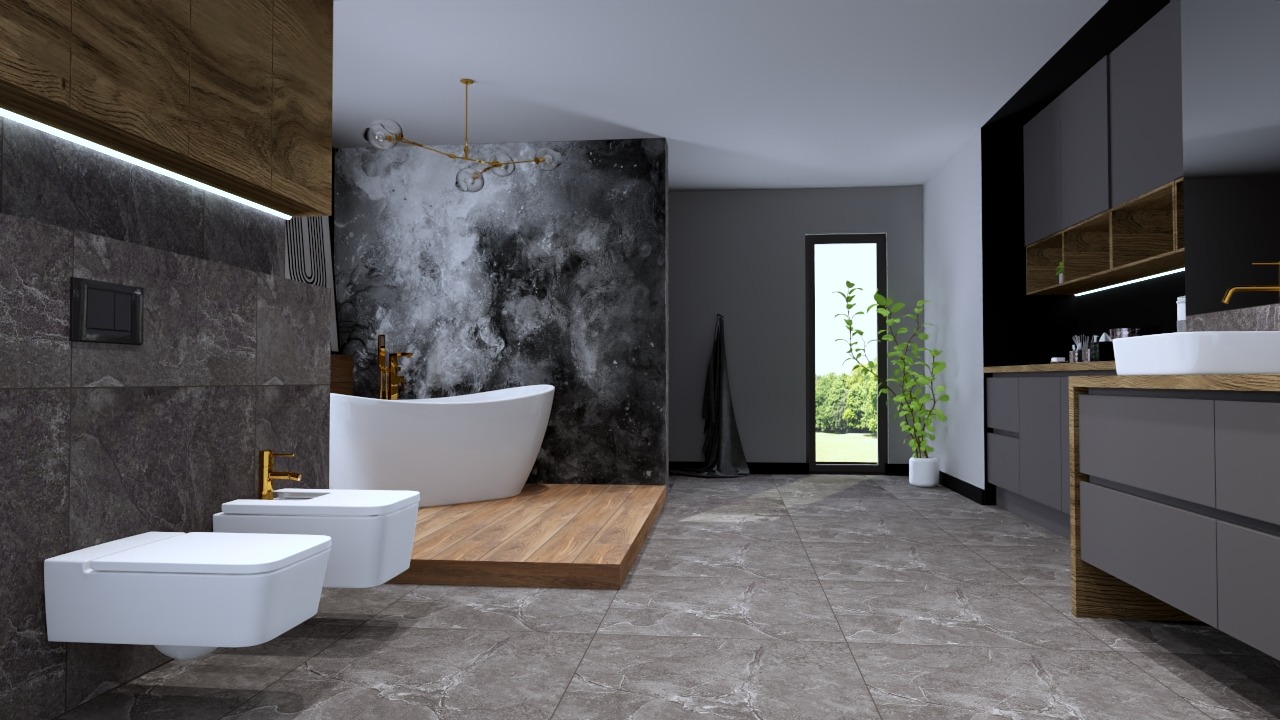 Nowoczesna łazienka z wolnostojącą wanną na drewnianym podeście, szare płytki imitujące kamień, umywalka nablatowa z armaturą w kolorze złota, oraz dekoracyjna ściana z motywem abstrakcyjnym.