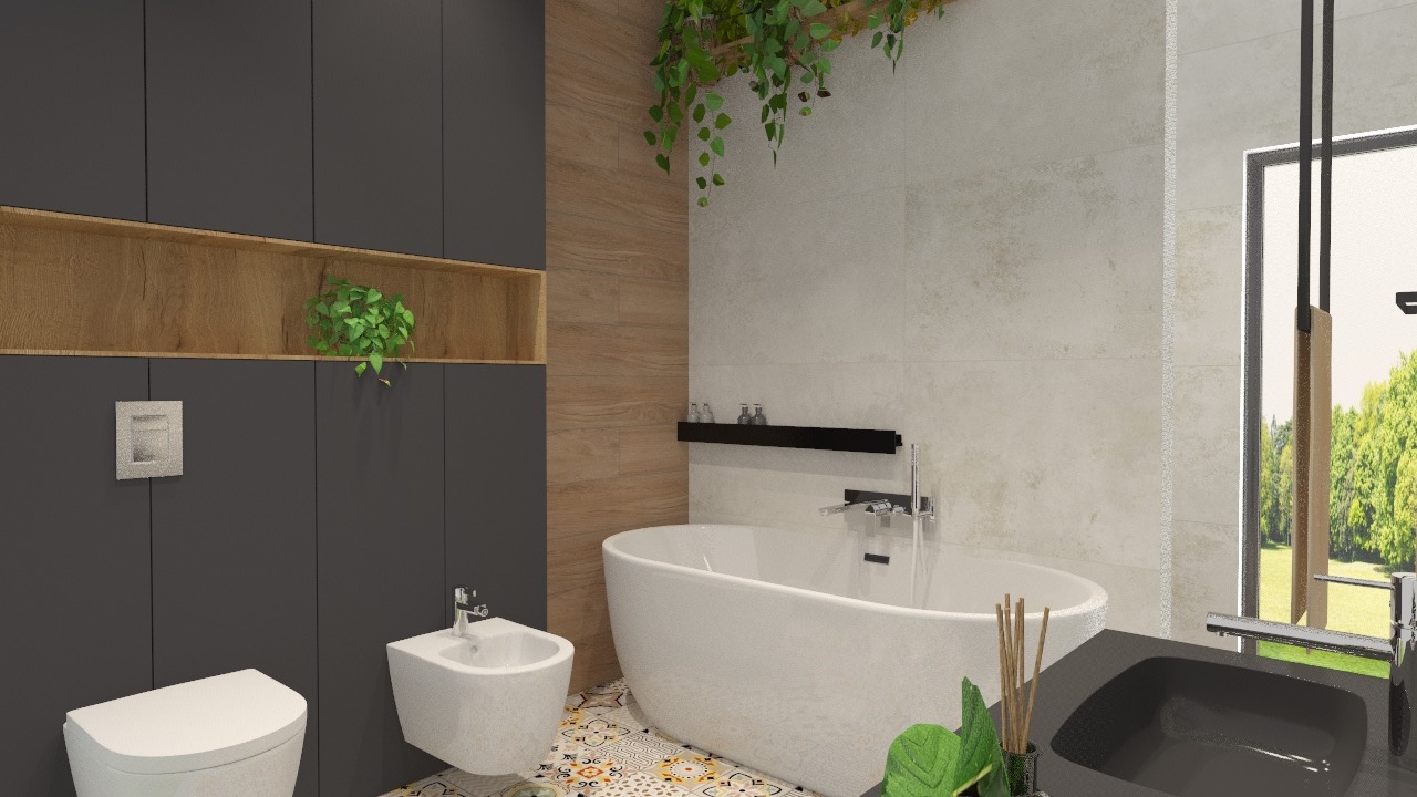 Wizualizacja nowoczesnej łazienki z wanną wolnostojącą, bidetem, toaletą i umywalką w kolorach szarości, bieli i drewna, z elementami zieleni w postaci roślin doniczkowych i zwisających pnączy.