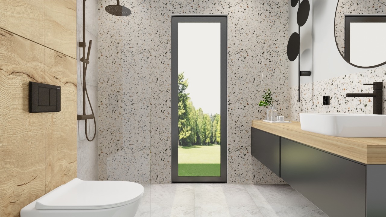 Nowoczesna łazienka z prysznicem, umywalką nablatową, blatem drewnopodobnym i oknem z widokiem na zieleń.