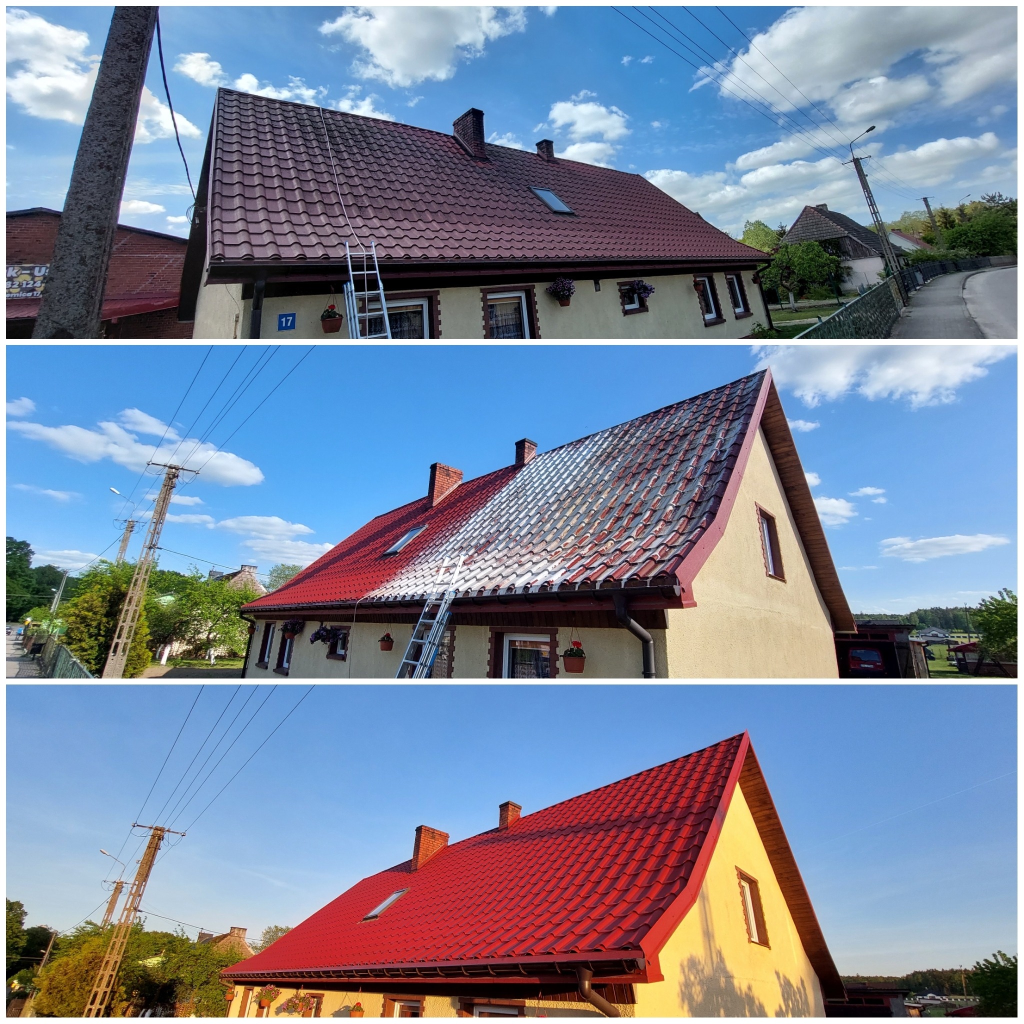Trzy kadry pokazujące transformację dachu z brudnego, przez częściowo umytego, do czystego i pomalowanego na czerwono. Na dachu rozstawiona drabina.