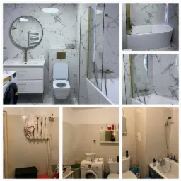 Kolaż przedstawiający metamorfozę łazienki: od starej, zniszczonej z widocznym grzejnikiem i odpadającym tynkiem do nowoczesnej, wykończonej w marmurze z okrągłym lustrem, białą armaturą i złotymi...