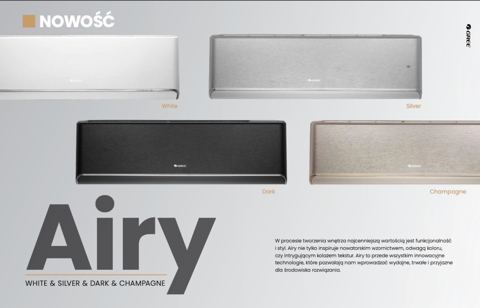 Klimatyzatory GREE Airy w czterech wariantach kolorystycznych: biały, srebrny, ciemny i champagne. Prezentacja nowej serii z nowoczesnym designem.