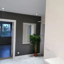 Szare ściany korytarza z lustrem w srebrnej ramie i palmą w doniczce, widok na parkiet w jodełkę w pokoju obok.