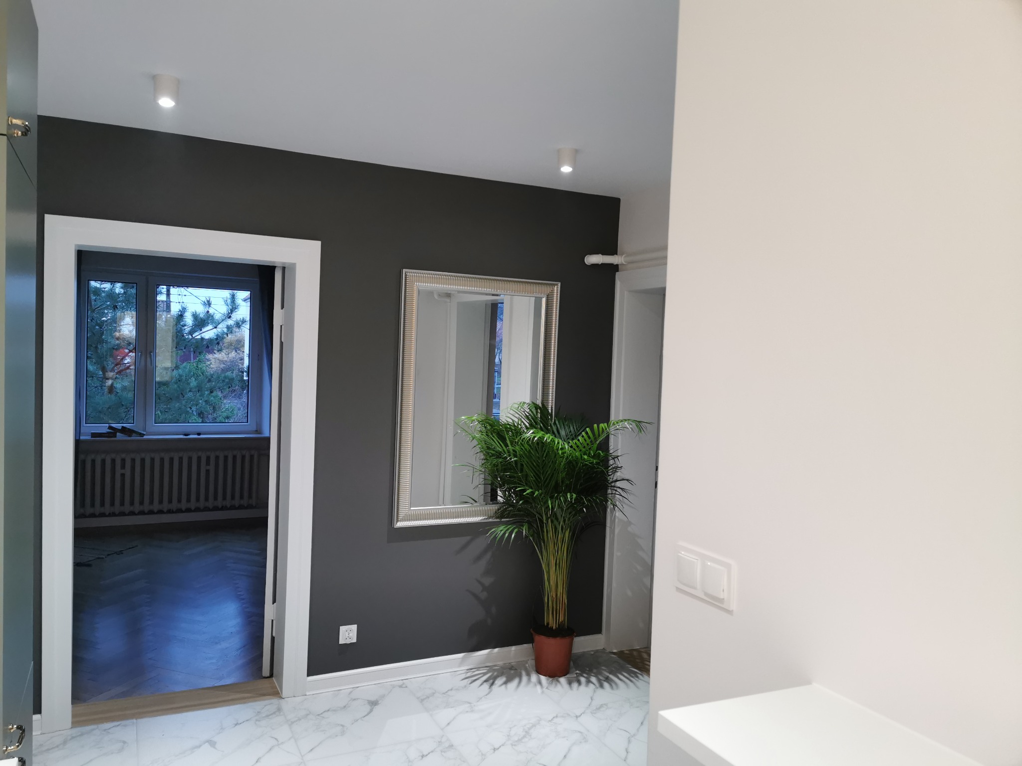 Szare ściany korytarza z lustrem w srebrnej ramie i palmą w doniczce, widok na parkiet w jodełkę w pokoju obok.