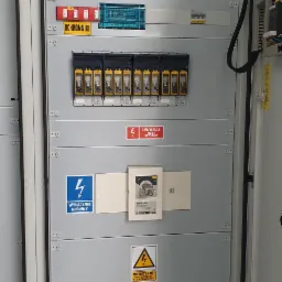 Otwarta szafa elektryczna z widocznymi bezpiecznikami, wyłącznikiem głównym, oznaczeniami ostrzegawczymi i modułami ochronników, zainstalowana w szarej metalowej obudowie.
