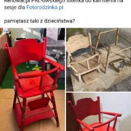 Renowacja PRL-owskiego fotelika do karmienia: po lewej fotelik pomalowany na jaskrawy czerwony kolor, widoczne ślady użytkowania i niedoskonałości malowania, po prawej fotelik przed malowaniem,...