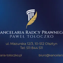 Wizytówka Kancelarii Radcy Prawnego Pawła Tołoczko z logo kolumny i pióra na ciemnoniebieskim tle, zawierająca adres, telefon i adresy stron internetowych.