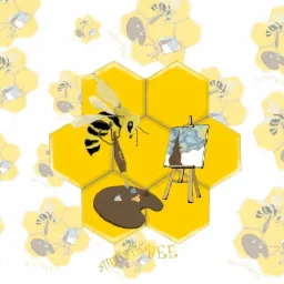 Grafika przedstawia pszczołę trzymającą pędzel, malującą obraz z motywem nocnego nieba na sztaludze, wszystko umieszczone na tle plastra miodu, powtarzającego się w oddali z motywem pszczoły...
