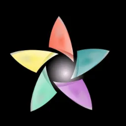 Abstrakcyjny, wielobarwny symbol w kształcie gwiazdy z gradientami na czarnym tle, przypominający logo lub element graficzny strony internetowej.