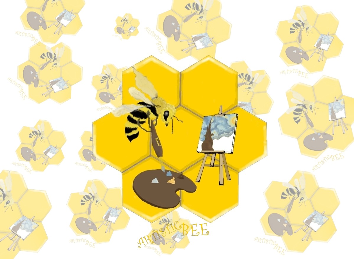 Grafika przedstawia pszczołę trzymającą pędzel, malującą obraz z motywem nocnego nieba na sztaludze, wszystko umieszczone na tle plastra miodu, powtarzającego się w oddali z motywem pszczoły...