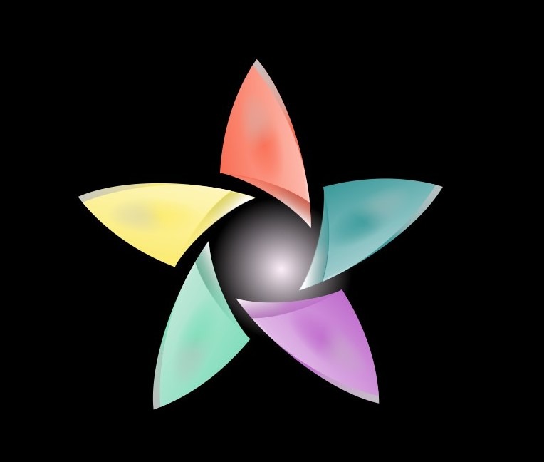 Abstrakcyjny, wielobarwny symbol w kształcie gwiazdy z gradientami na czarnym tle, przypominający logo lub element graficzny strony internetowej.