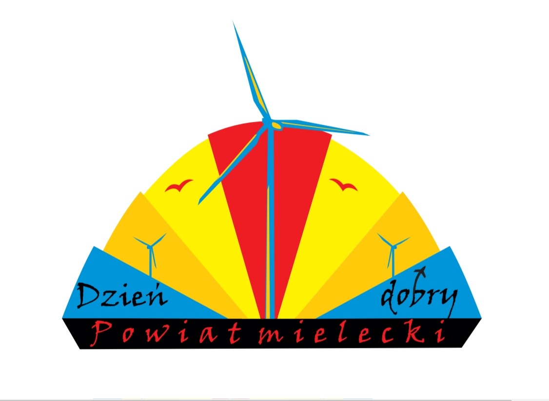 Grafika wektorowa przedstawiająca wiatrak na tle stylizowanego słońca z napisem 'Dzień dobry Powiat mielecki'.