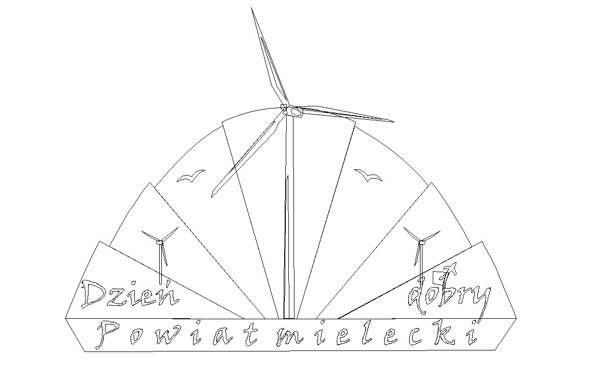 Czarno-biały rysunek przedstawiający turbinę wiatrową, stylizowaną na wschodzące słońce z napisem 'Dzień dobry Powiat mielecki'.