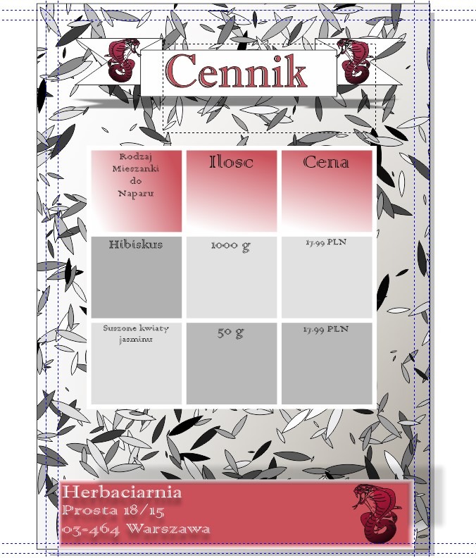 Cennik herbaciarni z ofertą mieszanek do naparów, hibiskusa i suszonych kwiatów jaśminu, zawierający informacje o ilości i cenie. Grafika z motywem liści i wizerunkiem węża.