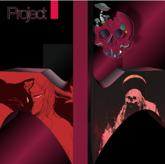 Abstrakcyjna kompozycja graficzna w odcieniach czerni i czerwieni, przedstawiająca elementy takie jak czaszka z grzybami, postać z kotem i postać ze świecą, umieszczone w przestrzennych blokach.