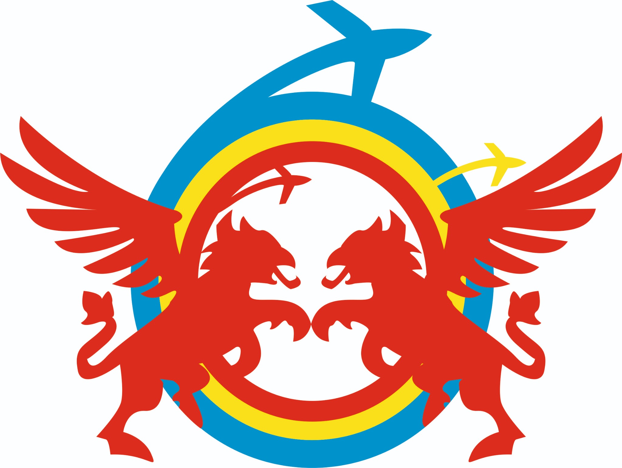 Logo firmy z dwoma czerwonymi gryfami zwróconymi ku sobie, otoczonymi niebiesko-żółto-czerwonym okręgiem i stylizowanymi samolotami w górnej części.
