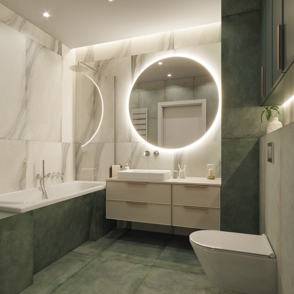 Nowoczesna łazienka z okrągłym lustrem podświetlanym LED, marmurowymi płytkami na ścianach, zielonymi akcentami na wannie i szafkach, oraz minimalistyczną umywalką i toaletą.