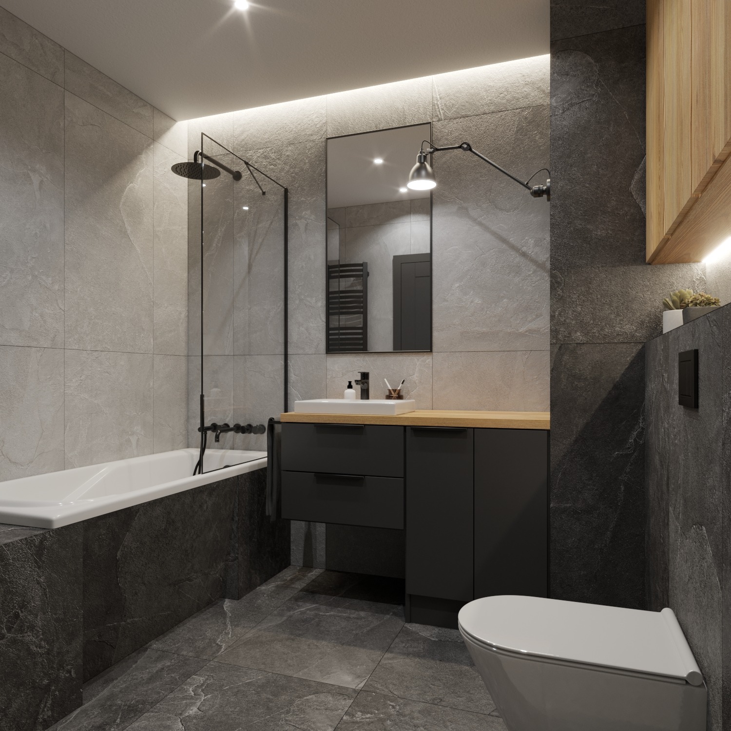 Nowoczesna łazienka z szarą, marmurkową okładziną ścian i podłogi, podświetlana listwa LED nad umywalką, minimalistyczna szafka podumywalkowa w kolorze grafitowym, wisząca toaleta i czarna armatura...
