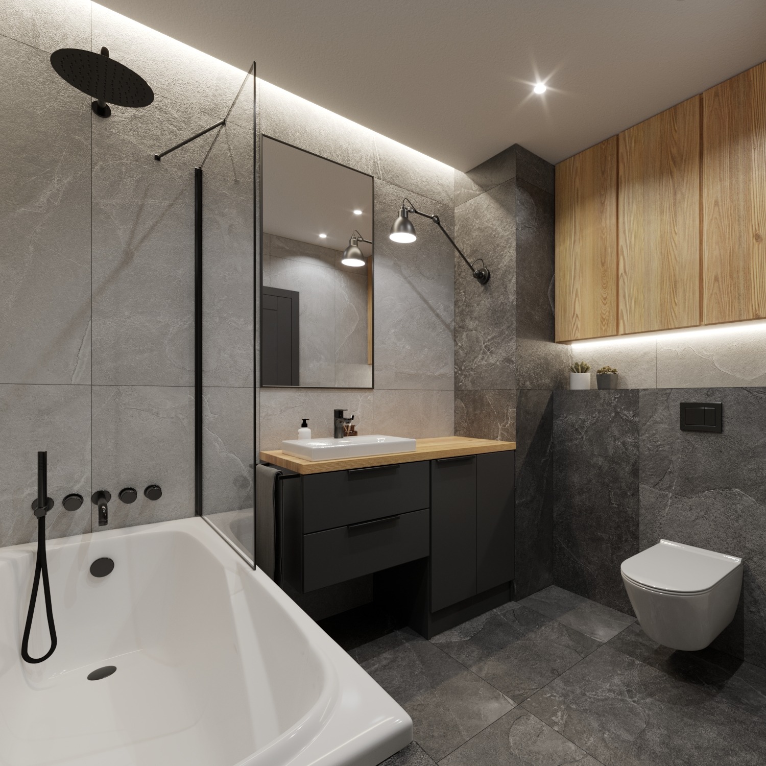 Wizualizacja łazienki w szarościach z drewnianymi akcentami, armatura w kolorze czarnym, podświetlane szafki, wisząca toaleta i wanna z parawanem.