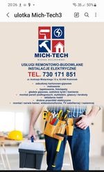 Ulotka reklamowa firmy Mich-Tech oferującej usługi remontowo-budowlane i instalacje elektryczne, widoczne logo z motywem pędzla i wałka malarskiego, numer telefonu oraz fragment sylwetki mężczyzny...
