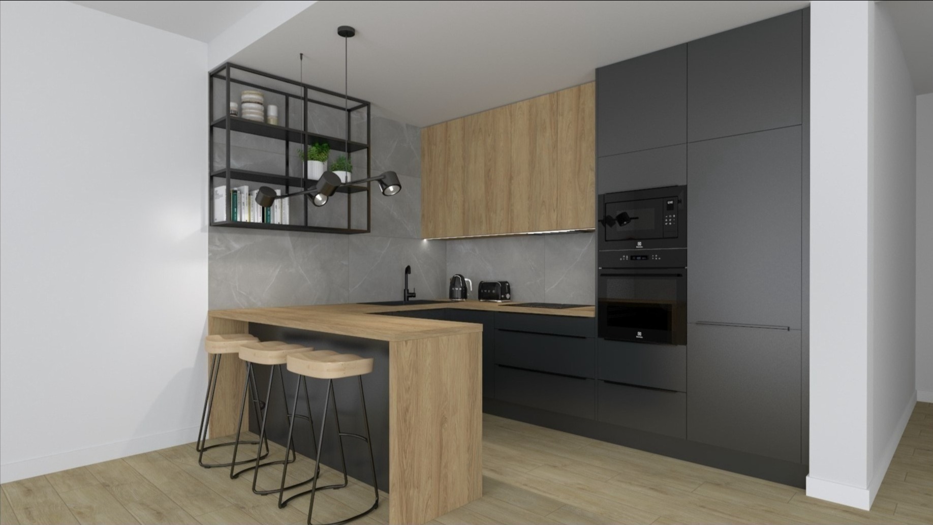 Wizualizacja nowoczesnej kuchni z czarnymi szafkami i drewnianym blatem, uzupełniona o metalowy regał z dekoracjami i trzy drewniane hokery przy wyspie.