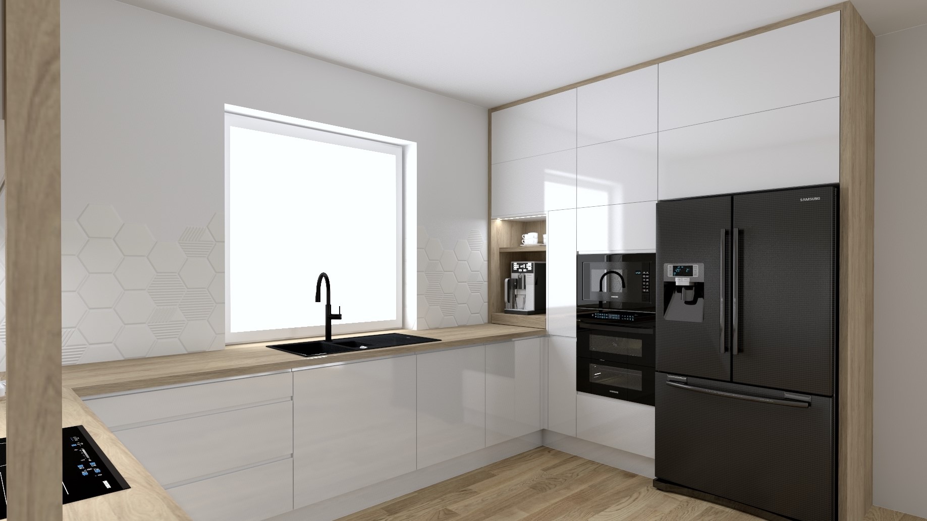 Wizualizacja nowoczesnej kuchni z białymi, lakierowanymi frontami, drewnianym blatem i czarnym sprzętem AGD: lodówką Samsung, piekarnikiem i ekspresem do kawy. Ściana zdobiona białymi...