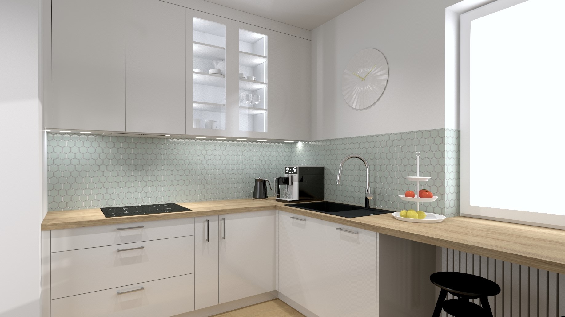 Wizualizacja nowoczesnej kuchni z białymi szafkami, drewnianym blatem, mozaiką w odcieniach zieleni, czarnym zlewem i płytą indukcyjną, ekspres do kawy i dekoracyjny zegar na ścianie.