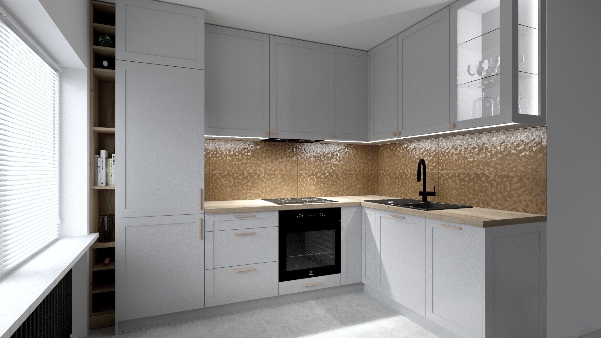 Jasna kuchnia w stylu skandynawskim z szarymi szafkami, drewnianym blatem i złotą mozaiką na ścianie, z półką na wino i książki obok okna.