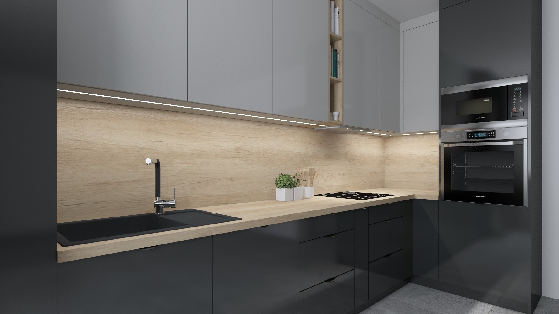Nowoczesna kuchnia z szarymi szafkami górnymi i grafitowymi dolnymi, drewnianym blatem, oświetleniem LED podszafkowym oraz wbudowanym piekarnikiem i mikrofalówką.