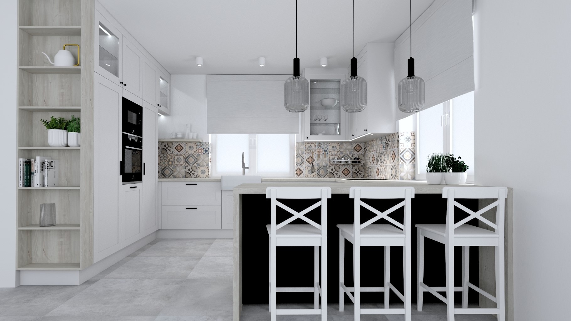 Jasna kuchnia z wyspą i białymi hokerami, wzorzyste płytki nad blatem, minimalistyczne lampy wiszące i roleta rzymska.